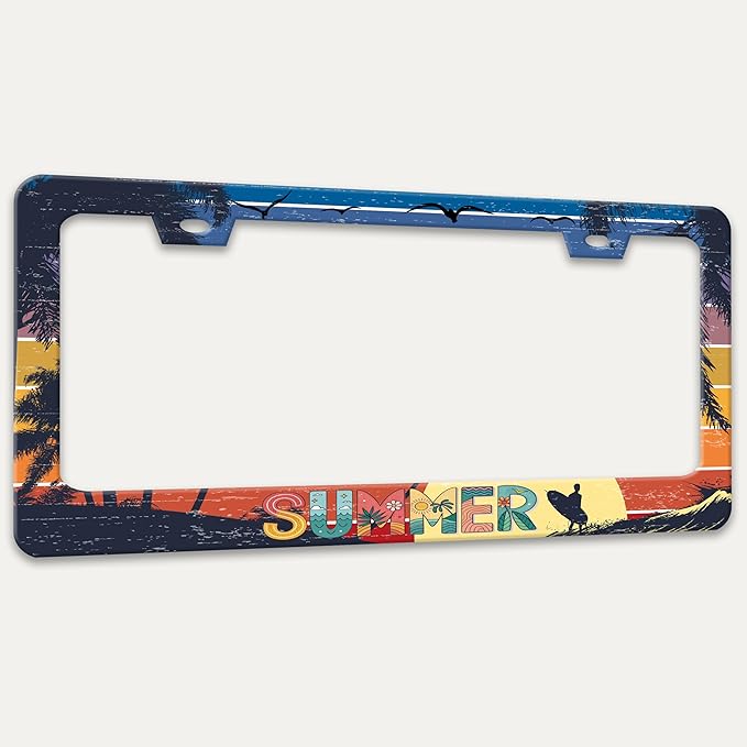 Summer Beach License Plate Frame Palm Trees License Plate Holders Funny Stainless Steel Auto Accessory Bracket 2 Hole with Screws Universal Us Car License Plate Frames 6x12 Inch for Women Men
