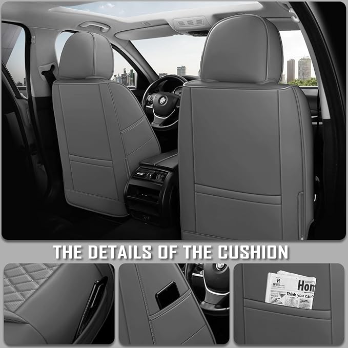 Premium Leather Car Seat Covers, Universal Fit for Cars SUVs Trucks and Sedans, Waterproof Car Seat Cushion with Airbag Compatible & Scratch-Resistant, Grey Seat Covers for 5 Seats