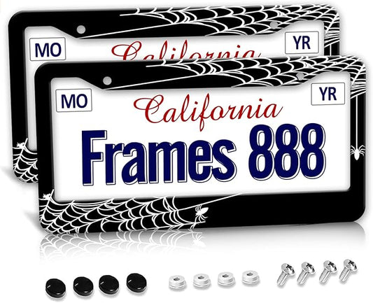 Spider Web License Plate Frame Spider Web License Plate Cover Front Plates Frames Car Tag Holder Car Accessories Car Tag with 2 Holes Screws 2 PCS Set Decorative US Vehicles Standard for Men Women