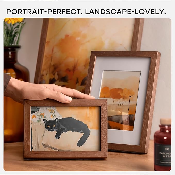 Homeforia 8.5x11 Picture Frame Brown, High End Dark Oak 8.5 x 11 Walnut Wooden Frames with Mat 6 by 8 Photo, 11x8.5 Wood Frame Matted to 6x8, Wall or Tabletop Frame, Tempered Glass, Wall Kit, Set of 1