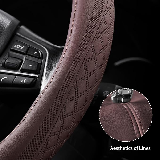【2025 Model】 Premium Nappa Leather Car Steering Wheel Cover for Men Women, Non-Slip, Breathable, Universal 15 inches Steering Wheels, Brown