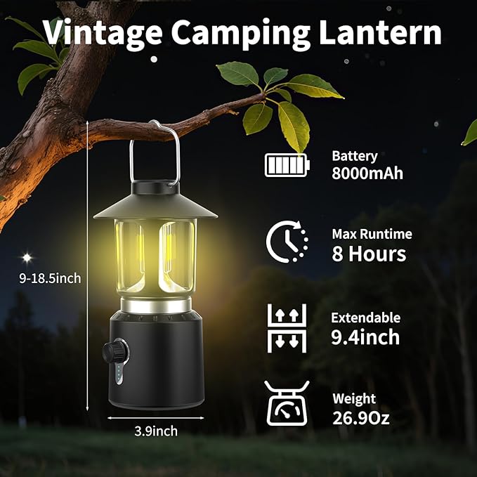 LED Camping Lantern Rechargeable, 8000mAh Telescopic Camping Lights with 3 Light Modes, Waterproof & Impact-Resistant Tent Lights, Lantern Flashlight for Power Outages, Emergency, Hiking, Hurricane