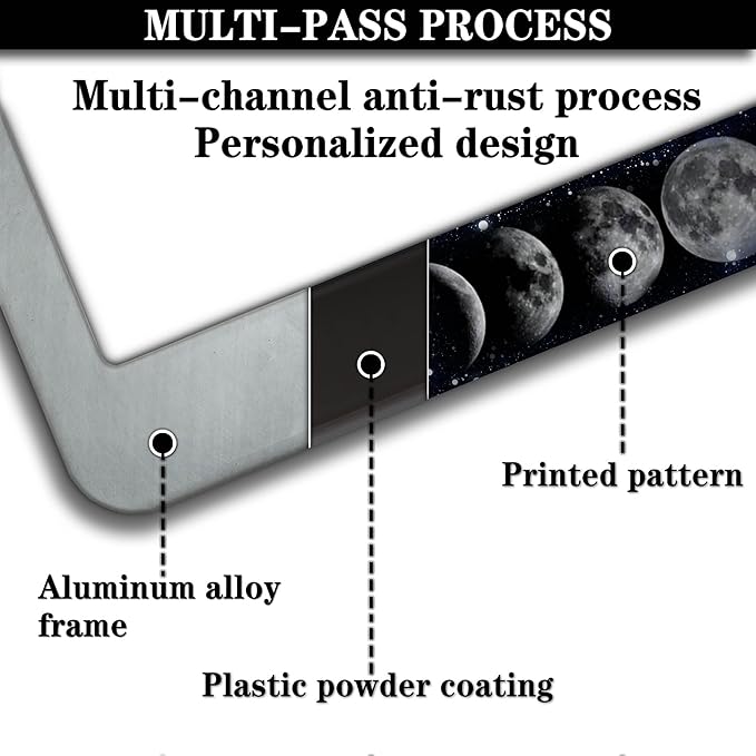 Automotive Exterior Accessories Black and White License Plate Frames Celestial Moon Phases Aluminum Metal Car Accessory 2 Pack with Screw Covers Set