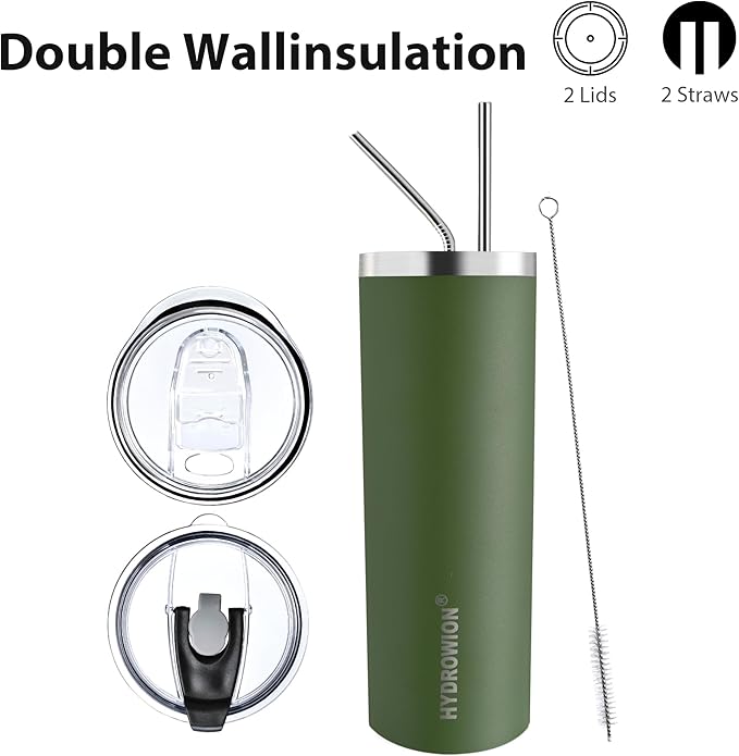 HYDROWION Triple-Insulated Tumblers - Stainless Steel with Lid and Straw, 20 oz Water Bottle, Stainless Steel Cups, Coffee Travel Mug for Home & Office Olive Green