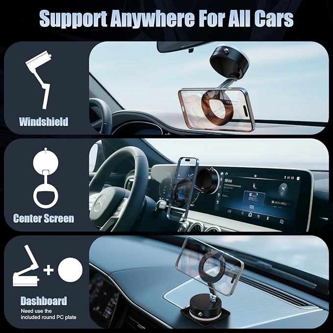 Magnetic Phone Holder for Car Super Magnet, 360°Adjustable Portable Foldable Phone Mount for Dashboard/Gym/Mirror/Shower, Compatible with iPhone 16 Pro Max/15/14/13/12 & Android Magsafe Case (Black)