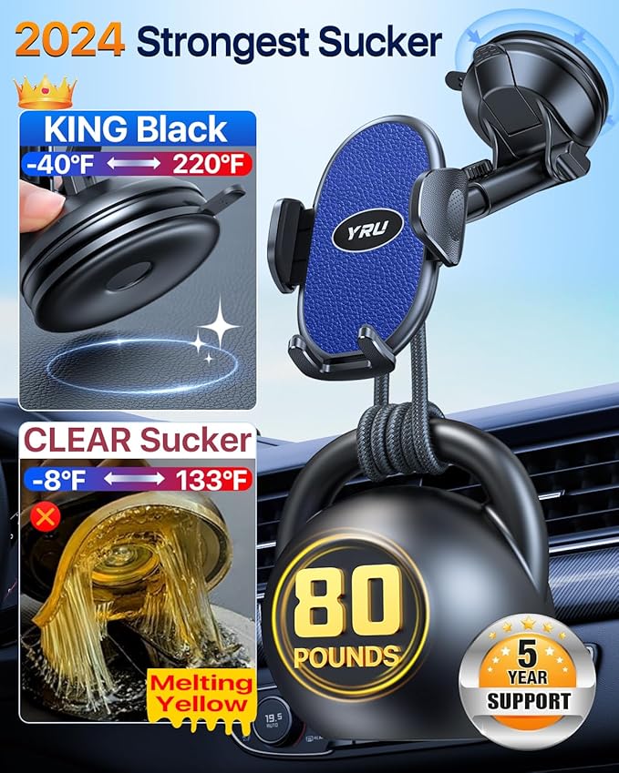 YRU [2025 Upgraded Universal Car Phone Holder Mount【 360° Rotatable&Strong Suction】 Cell PhoneHolder Car Dashboard Windshield Phone Holder Dash Stand for iPhone 16 15 14 13 Samsung Truck, Light Blue