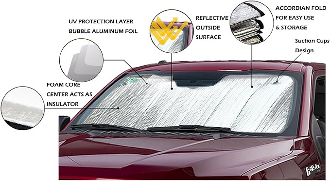 Windshield Sun Shade, Car Window Shade as Bonus by Big Hippo Keep Vehicle Cool Protect Your Car from Sun Heat & Glare Best UV Ray Visor Protector (Size: 55.16"X 27.5")