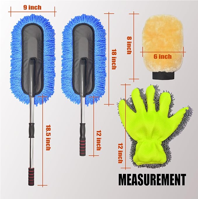Car Wash Brush Duster Mop,Car Detailing Cleaning Kit,Wash Mitt,Microfiber Scratch-Free Safe for All Cars–Wet/Dry Use,Extendable with Handle 3 Pack