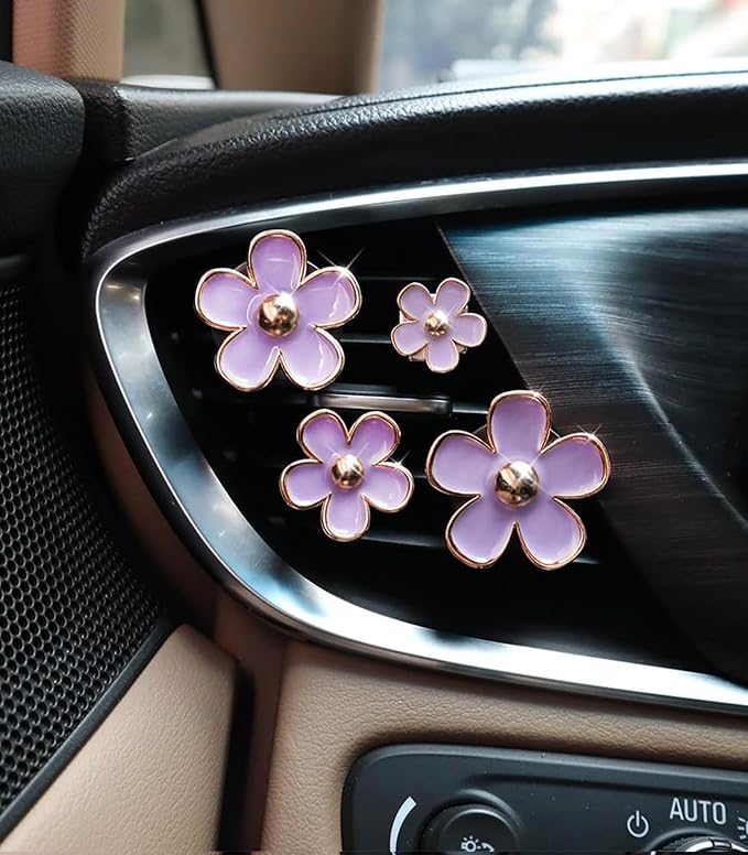 Daisy Flower Car Air Freshener Vent Clips, 4 Pcs Cute Car Accessories for Women Interior, Girly Decor Essentials, Truck Accessories, for Bathroom Office Pet Houses (Purple, 3.1cm 2.9cm 2.2cm 1.6cm)