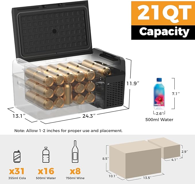 Setpower 12V Refrigerator 21 Quart Portable Freezer 50 Hours Keep Cool,Electric Cooler for Vehicles Car Refrigerator 12V Portable Fridge for Car Camping Truck Van RV SUV Road Trip Travel RF20