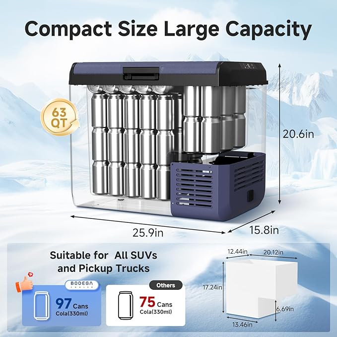 BODEGACOOLER 12v Car Refrigerator, 63QT(60L) IPX4 Waterproof Electric Cooler, APP Control Car Fridge with 12/24V DC 110-240V AC, -4โ~68โ, Portable Freezer for Truck Van RV Camping, Travel,Home
