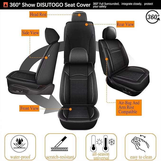 2 Front Car Seat Covers Fit for Nissan Frontier 2009-2024 2025 Ice Silk Leather Breathable Waterproof Automotive Seat Cushion Compatible Airbag (2 Seats & Black)