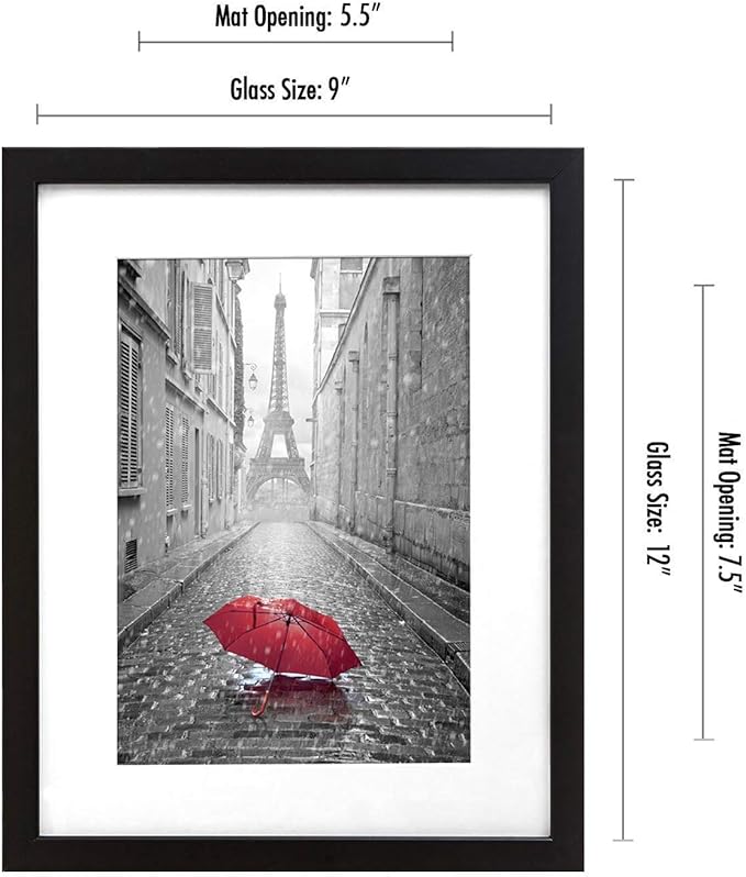 Americanflat 9x12 Picture Frame with Shatter-Resistant Glass - Set of 4 - Use as 6x8 Frame with Mat or Display 9x12 Photo Without Mat - Signature Collection - Photo Frames for Tabletop or Wall - Black