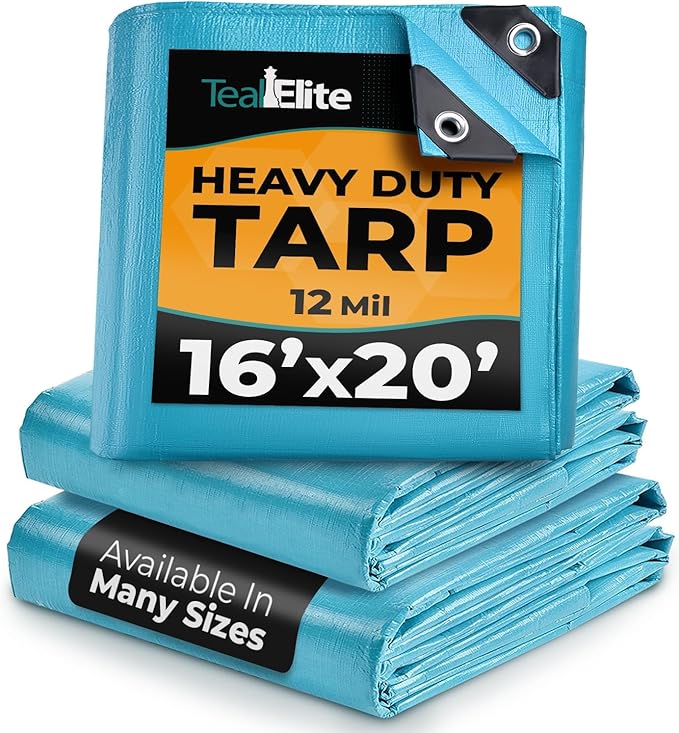 Tarps Heavy Duty Waterproof 16x20-12 mil Thick Camping Tent - Blue Tarp 16x20 UV Resistant, Rip & Tear Proof with Metal Grommets – Multipurpose Use for Camping, Tent, Boat, RV, Car, & Pool Cover