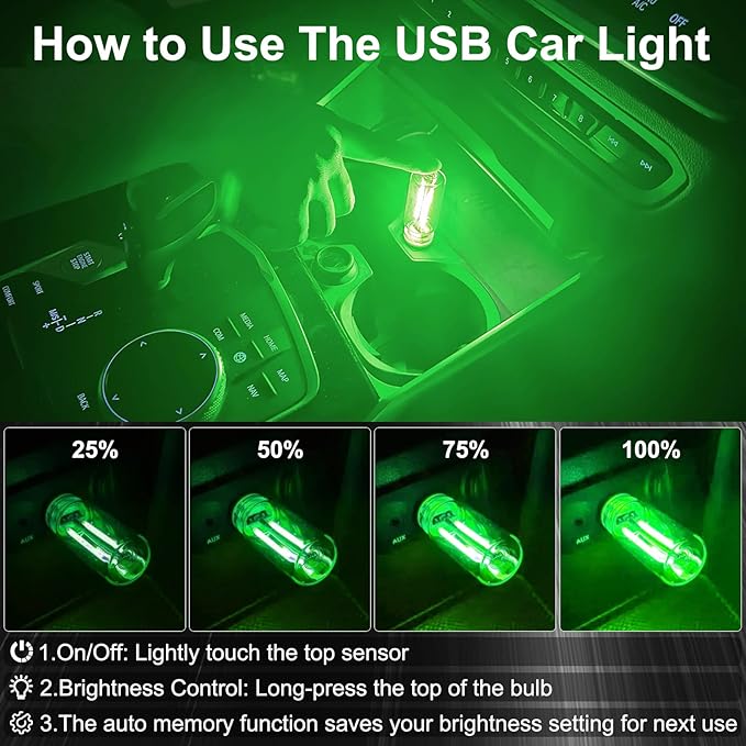 2 PCS Car USB Night Light Bulb, Touch Dimmable Car Interior Ambient Lights, Portable Mini USB Retro Glass Bottle Lamp Decorations for Vehicle, Bedroom, Hallway, Camping (Green)