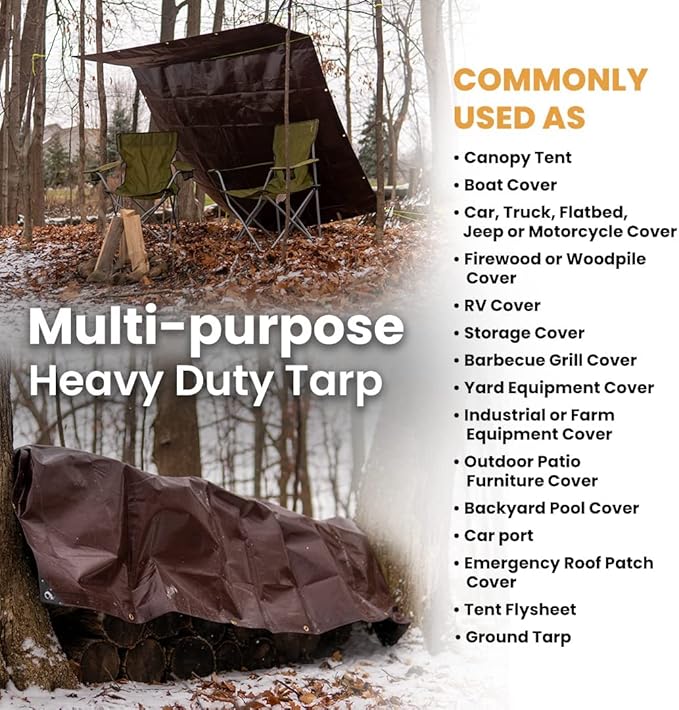 WHITEDUCK Super Heavy Duty Poly Tarp Cover 16 Mil & 10 Mil with Grommets and Reinforced Edges (Brown, White & Silver Black) (Brown- 16 Mil, 6' x 8')