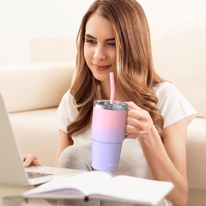 Sursip 24 oz Insulated Cup with Handle, Double Wall Vacuum Stainless Steel Tumbler with Straw and 2 Lids, For Cold/Hot Drinks, Coffee Travel Mug for Car/Home/Office/Party/Camping (Pink&Purple-1 Pack)