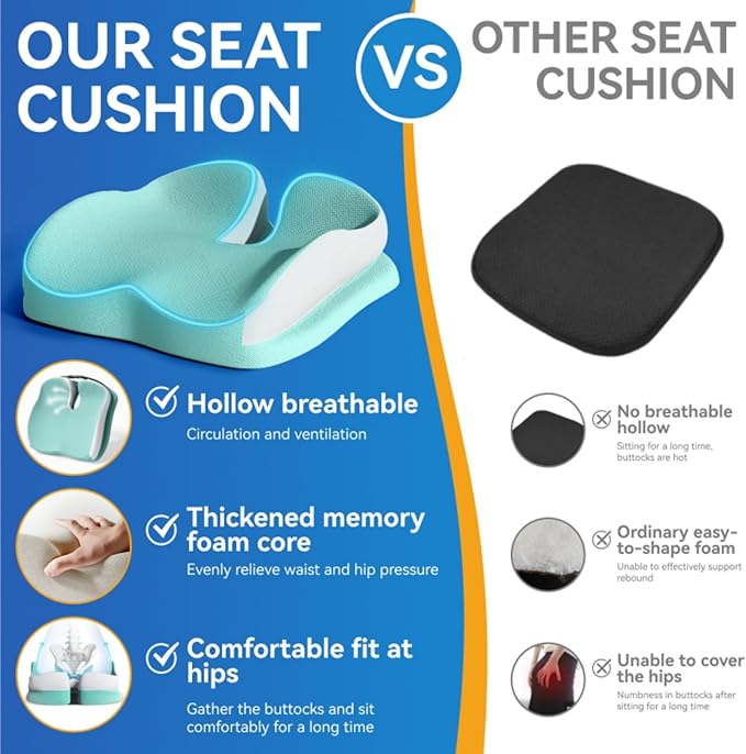 Seat Cushions for Office Chairs Wheelchair Cushion for Long Sitting Back Pain,Memory Foam Seat Car Computer Desk Chair Cushion,Coccyx Cushion for Tailbone Pain Relief Cushion Office Chair Butt Pillow