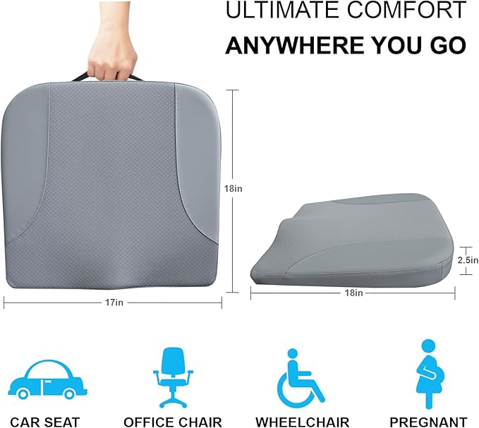 Car Seat Cushion, Car Seat Cushions for Driving with Comfort Memory Foam - Sciatica & Back Pain Relief, Suitable for Car, Truck, Office Chair (Gray)