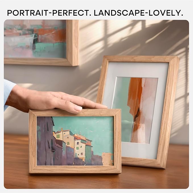 Homeforia 8.5 by 11 Picture Frame Wood, High End Natural Oak 8.5x11 Light Wooden Frames with Mat 6x8 inch Photo, 8.5 x 11 Wall or Tabletop Frame Matted to 6 x 8 Art, Tempered Glass, Wall Kit, Set of 1
