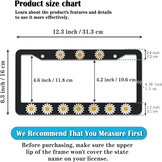 Automotive Exterior Accessories White, Black, Yellow License Plate Frames Daisy Cute Girly Gift Aluminum Metal Car Accessory 2 Pack with Screw Covers Set