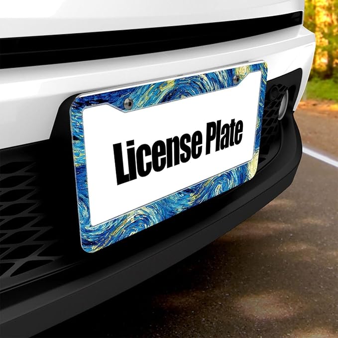 Starry Night License Plate Frame - 1 Pack Personalized Aluminum Car License Plate Cover Art Oil Painting License Plate Holder Universal US-Canada 2 Hole Auto Car Tag for Women/Men