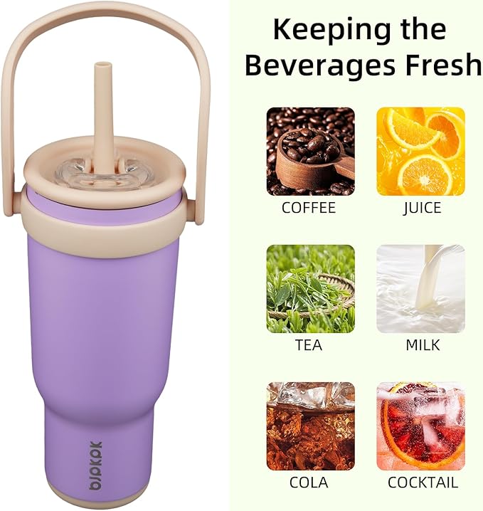 BJPKPK 40 OZ Insulated Travel Tumbler with Handle and Straw, Stainless Steel Water Bottle, Double Wall Vacuum Insulated Mug, for Work, Car, Travel, Purple