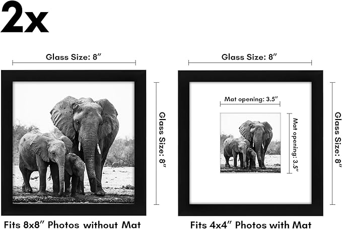 Americanflat 8x8 Picture Frame with Shatter-Resistant Glass - Set of 2 - Use as 4x4 Frame with Mat or Display 8x8 Photo Without Mat - Signature Collection - Square Frames for Tabletop and Wall - Black