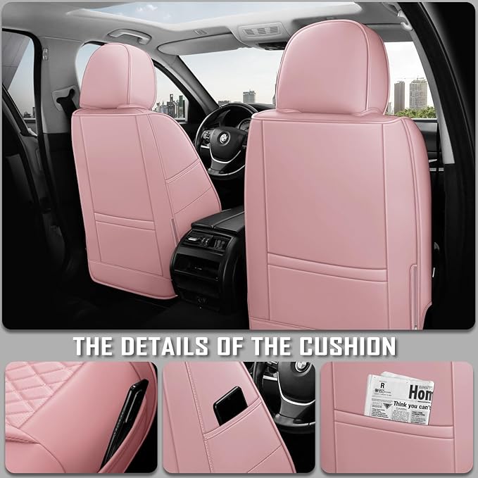 Premium Leather Car Seat Covers, Universal Fit for Cars SUVs Trucks and Sedans, Waterproof Car Seat Cushion with Airbag Compatible & Scratch-Resistant, Pink Seat Covers for 5 Seats