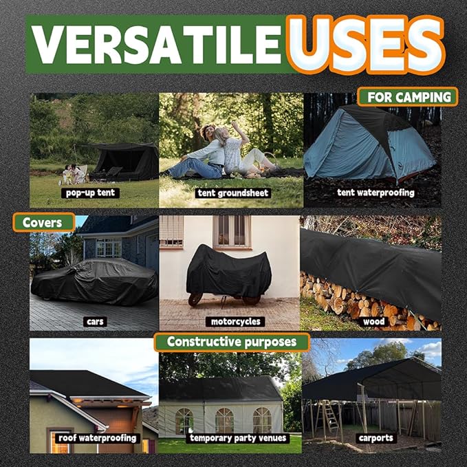 RAINDEWAY Large Black Tarp 14x14 Feet, UV Resistant, 8 Mil Multipurpose Medium Duty Waterproof Poly Tarp Cover with Metal Grommets and Reinforced Edges by RAINDEWAY