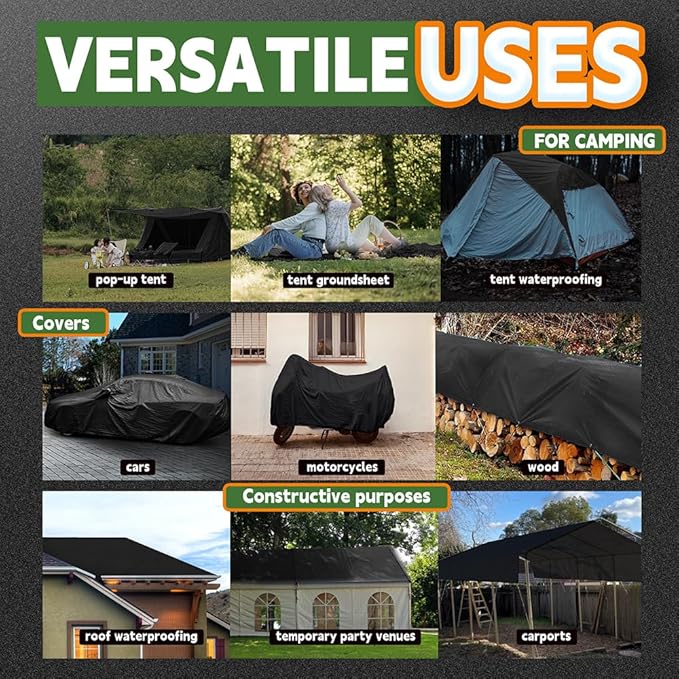 RAINDEWAY Black Tarps 7x7 Feet,UV Resistant, Multipurpose Medium Duty Waterproof Poly Tarp, Square Tent Tarp,Cover with Metal Grommets and Reinforced Edges, Finished Size