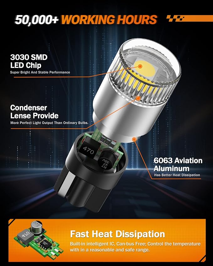 SEALIGHT 194 LED Light Bulbs 6000K White, W5W 168 2825 T10 Car Interior Light Bulb Replacement for License Plate Light, Dome Light, Map Light, Courtesy Light, Pack of 6