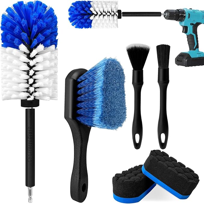 Car Wheel Brush Kit, Soft Drill Wheel Cleaner Brush, Tire Brush, Detailing Brush, and Detailing Pads, No Scratches Car Wheel Cleaning Kit for Wheels, Tires, Rims, Engines, Exhaust(Blue+White, 6 Pack)