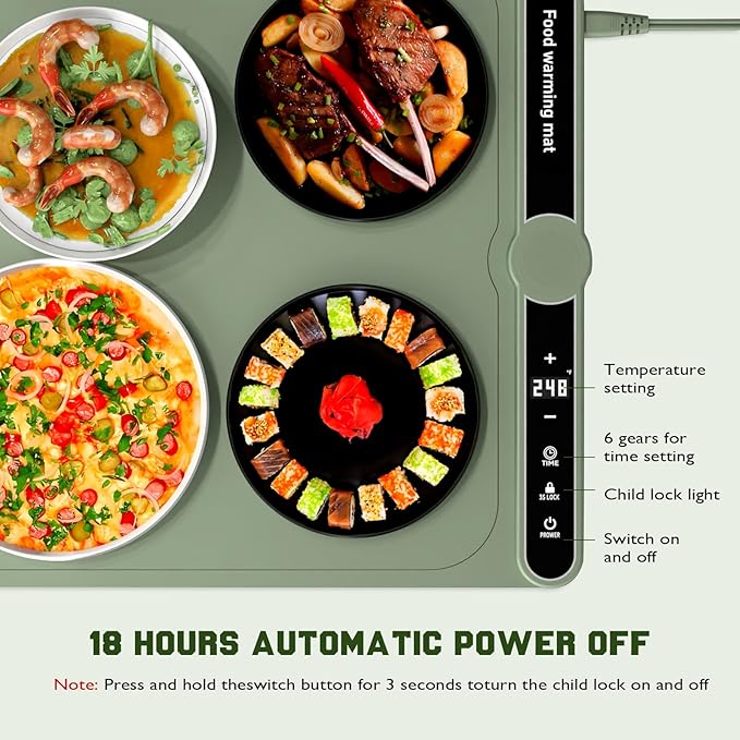 Smart Warming Mat for Food, Upgrade Waterproof Foldable Heating Mat, Food Warming Mat with 9 Level Adjustable Temperature and 6-Speed Timing, Easy to Clean Food Warmers for Buffet,Party,Thawin (Green)