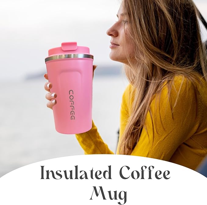 YINBAOGE Insulated Travel Coffee Mug, Spill & Leak Proof, Portable To Go Camping Stainless Steel Coffee Tumbler, Reusable Thermal Coffee Cup with Lid for Hot & Cold Drinks (2nd-Pink, 12 OZ)