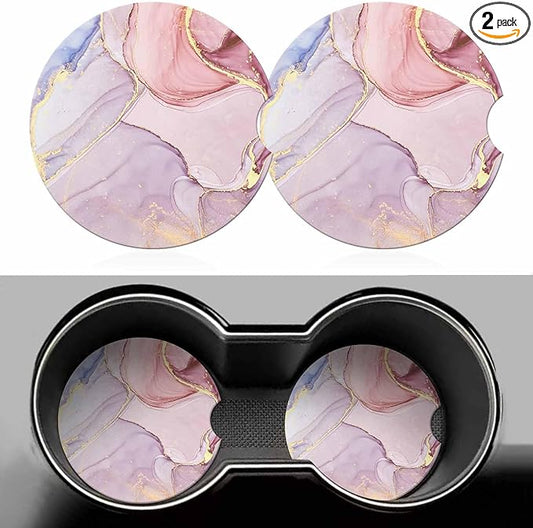 Modern Art Marble Texture Car Coasters for Cup Holders Car Cup Holder Coasters 2 Pack for Car, Anti Slip Ceramic Car Cup Mat with Finger Notch Cute Car Interior Accessories for Women Men