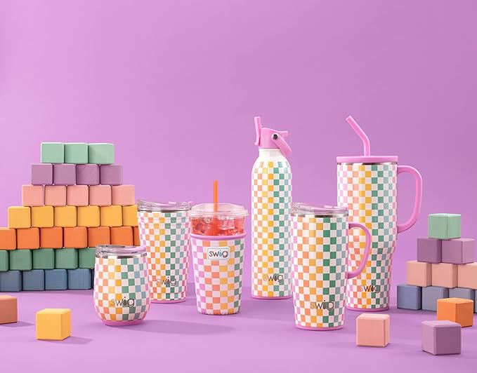 Swig Life 22oz Travel Mug, Insulated Tumbler with Handle and Lid, Cup Holder Friendly, Dishwasher Safe, Stainless Steel, Checkered Tumbler with Handle (Check Mate)
