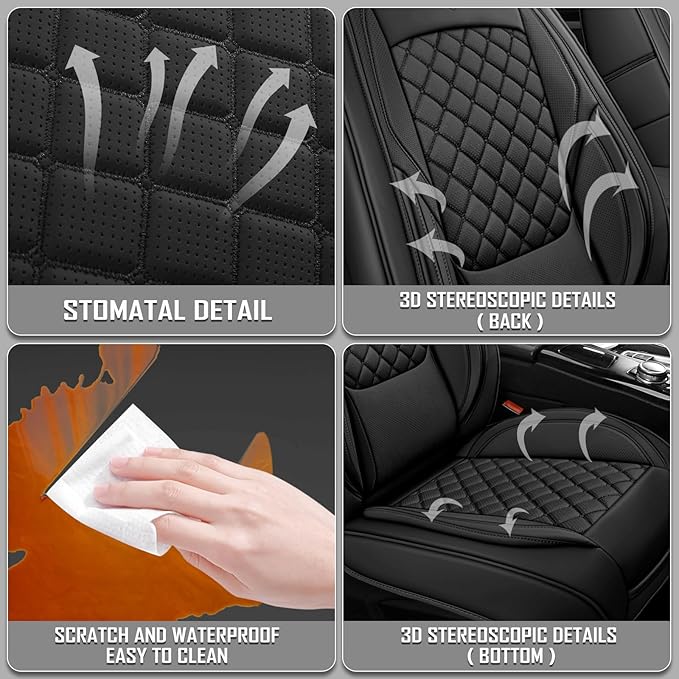 Premium Leather Car Seat Covers, Universal Fit for Cars SUVs Trucks and Sedans, Waterproof Car Seat Cushion with Airbag Compatible & Scratch-Resistant, Black Seat Covers for 5 Seats