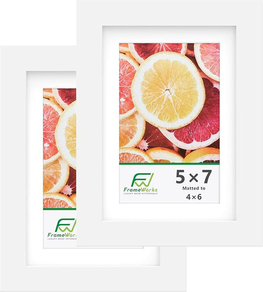 FrameWorks 2-Pack, 5x7 Matted to 4x6 Picture Frame, White – Classic Wooden Photo Frame with Tempered Glass, Modern Matte Finish for Prints, Posters, Certificates & Wall Decor – Gallery-Ready