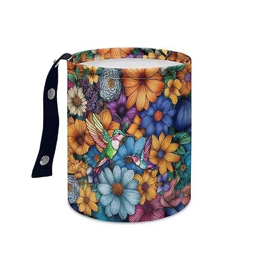 Hummingbird Flower Car Trash Can Leak Proof Waste Basket Container Bag Bin Hanging Cup Holder Organizer with Strap Mini Car Interior Accessories for Auto, Car, Camping, Travelling