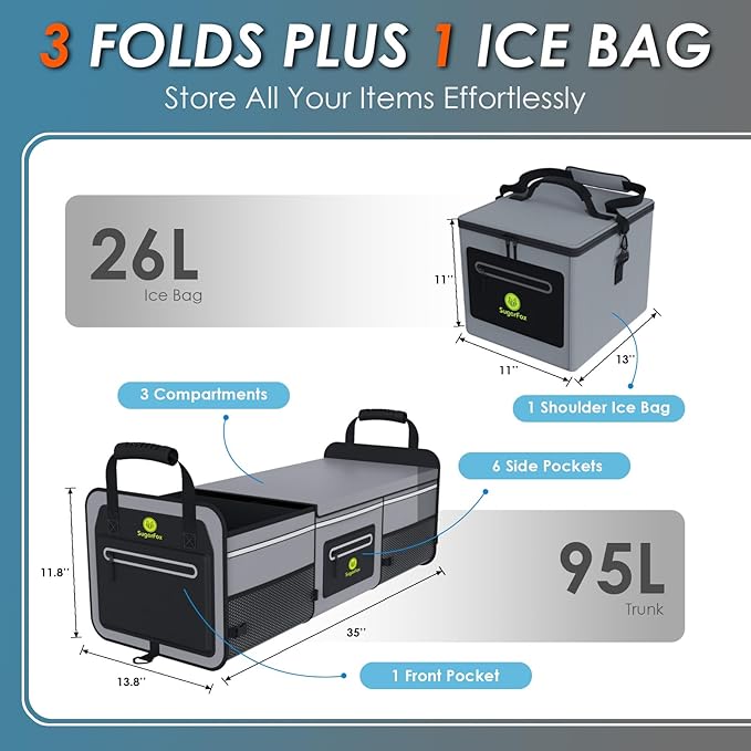 Car Trunk Organizer | 95L, 35"x13.8"x11.8" | Includes 26L Ice Pack | Waterproof, Foldable | Trunk Organizer for SUV/Cars | Car Organizers & Storage - Gray-M004