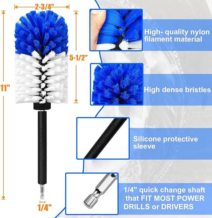 Car Wheel Brush Kit, Soft Drill Wheel Cleaner Brush, Tire Brush, Detailing Brush, and Detailing Pads, No Scratches Car Wheel Cleaning Kit for Wheels, Tires, Rims, Engines, Exhaust(Blue+White, 6 Pack)