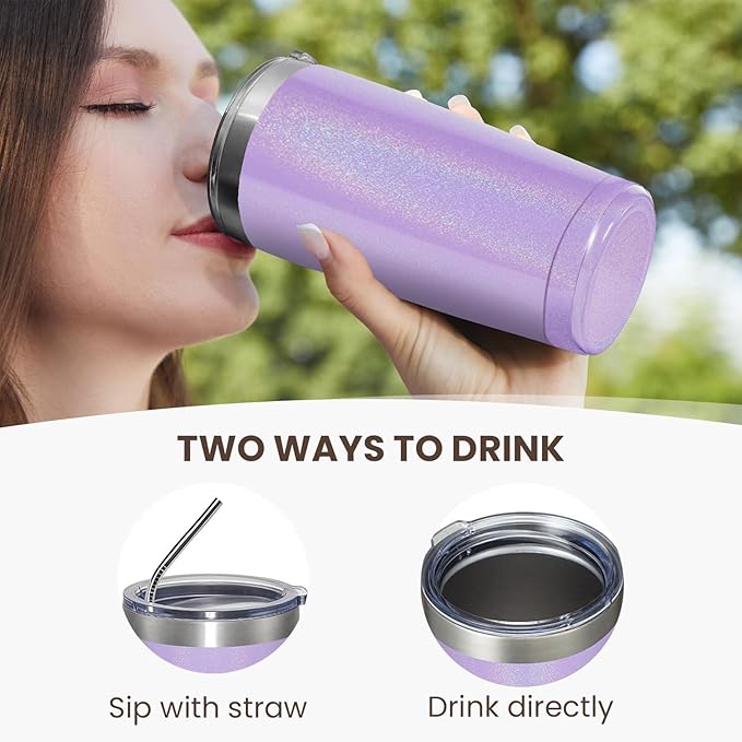 MEWAY 20oz Tumbler 12 Pack Double Wall Vacuum Insulated Travel Glitter Mug Bulk, Stainless Steel Tumblers with Lid and Straw, Powder Coated Coffee Cups for Woman(Rainbow Purple,Set of 12)