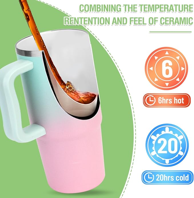 Zukro 24 oz Ceramic Lined Insulated Tumbler with Handle and Straw, No Metal Taste or Smell, Travel Coffee Mug with Spillproof Lids, No Sweat Stainless Steel Cup, Dishwasher Safe, Bubblegum