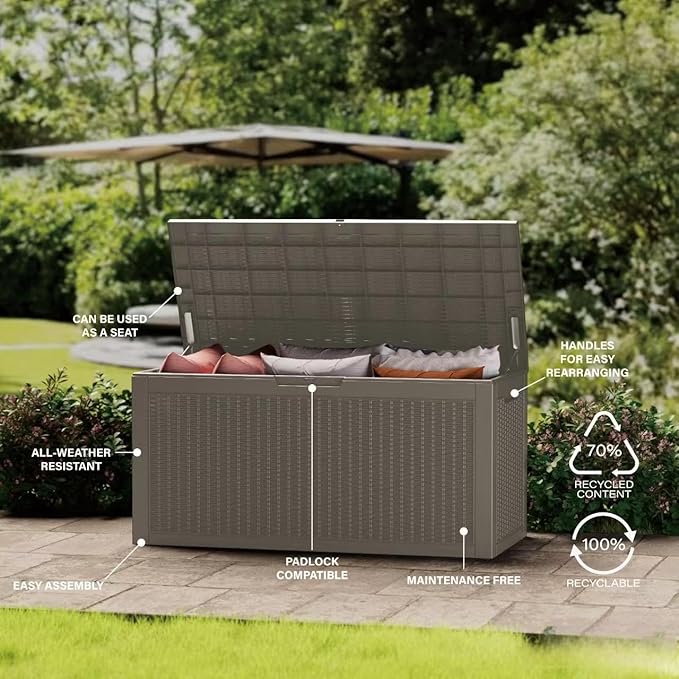 100 Gallon Lockable Resin Deck Box, Waterproof Outdoor Storage Box for Patio Furniture, Garden Tools, Pool Accessories, UV-Resistant Outside Delivery Grey