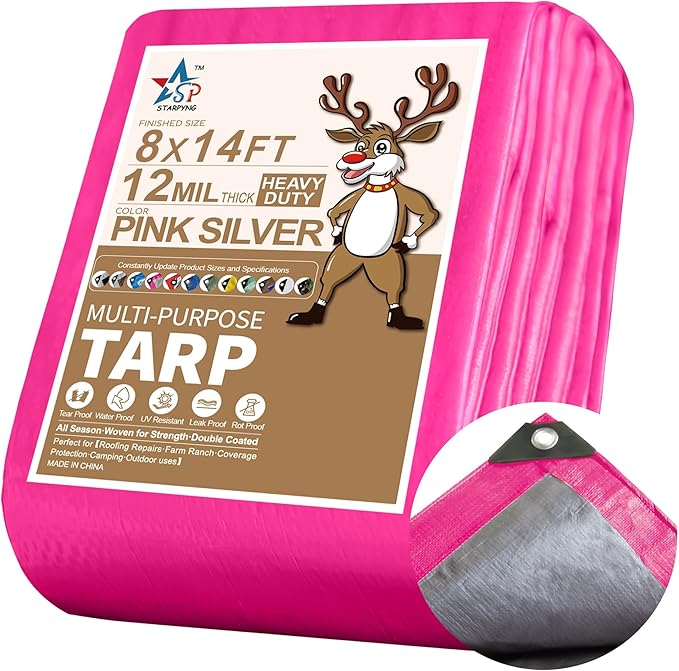 STARPYNG-12 Mil Pink/Silver 8x14 Feet Tarp-Heavy Duty Poly Tarp-Cover,Waterproof, UV Resistant, Weather Resistant, Cover Cars, Boats, Courtyards,Camping