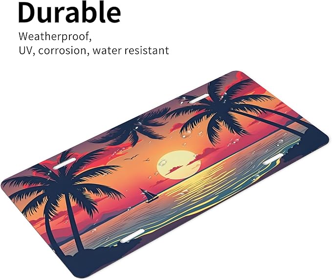 Front License Plate Sunset Palm Trees Vanity Plates Aluminum Metal Decorative Car Tag Flowers Rainbow Beach Novelty License Plate Cover for Men Women 6 * 12 in (4 Holes)