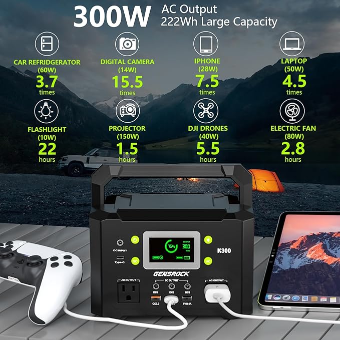 GENSROCK Portable Power Station, 110V/300W Pure Sine Wave Solar Generator, 222Wh Backup Lithium Battery With AC Outlet/QC 3.0/Type-C/LED Light for CPAP Family Emergency Outdoor Camping RV Travel.