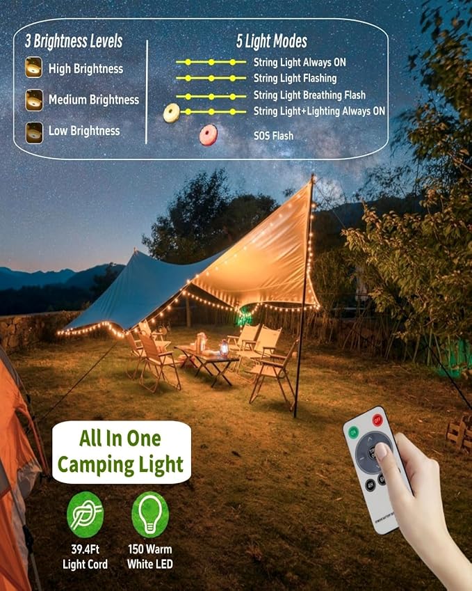 Solar Camping String Lights, 39.4FT Fairy String Lights 150LEDs, Portable Waterproof Camp Lamp with 8 Lighting Modes, Hanging Rechargeable Tent Lantern for Garden Party Christmas Decor-Remote Control