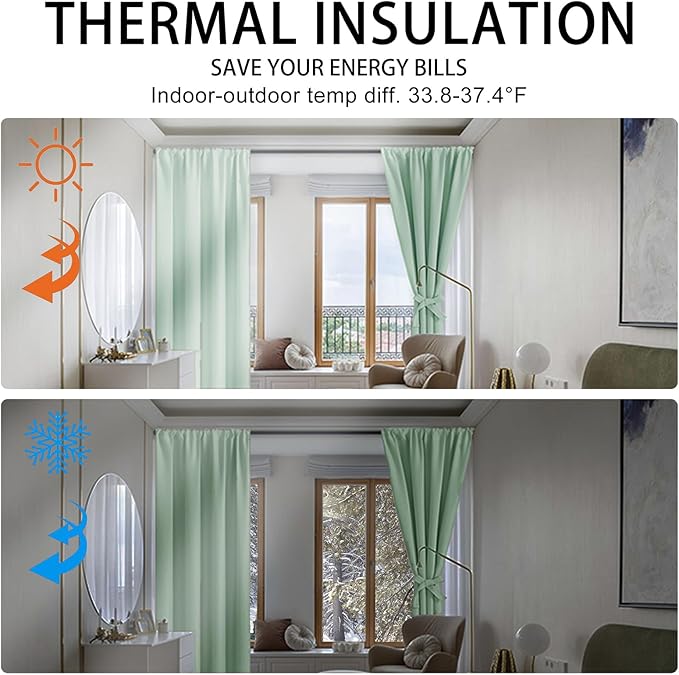 JIUZHEN Blackout Curtains for Bedroom - 60 Inch Extra Wide Thermal Insulated Room Darkening Privacy Soundproof Curtains for Living Room/Dorm Room, Set of 2 Panels, 60 x 84 inches,Mint Green